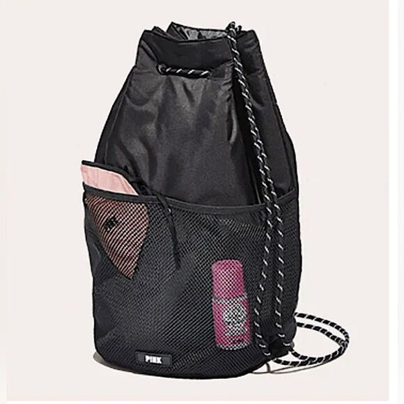 PINK Victoria's Secret Handbags - PINK by Victoria’s Secret Black Cinch Sack bucket Backpack tote purse beach